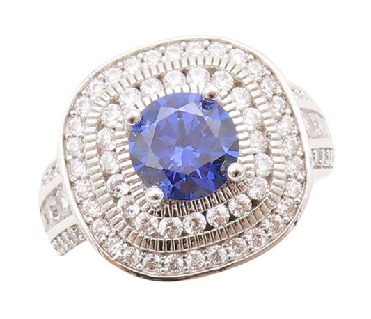 925 Sterling Silver Vintage Ring Round Cut Sapphire Halo CZ Inlay  Sz 7  RG30746