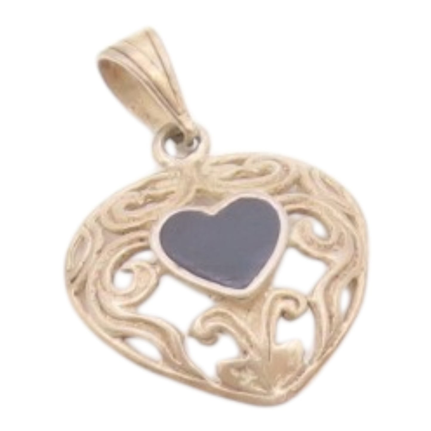 925 Sterling Silver  Vintage Black Onyx Love Heart Swirl Dome Pendant  PT17581