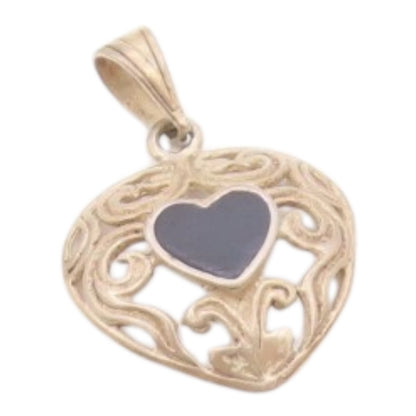 925 Sterling Silver  Vintage Black Onyx Love Heart Swirl Dome Pendant  PT17581