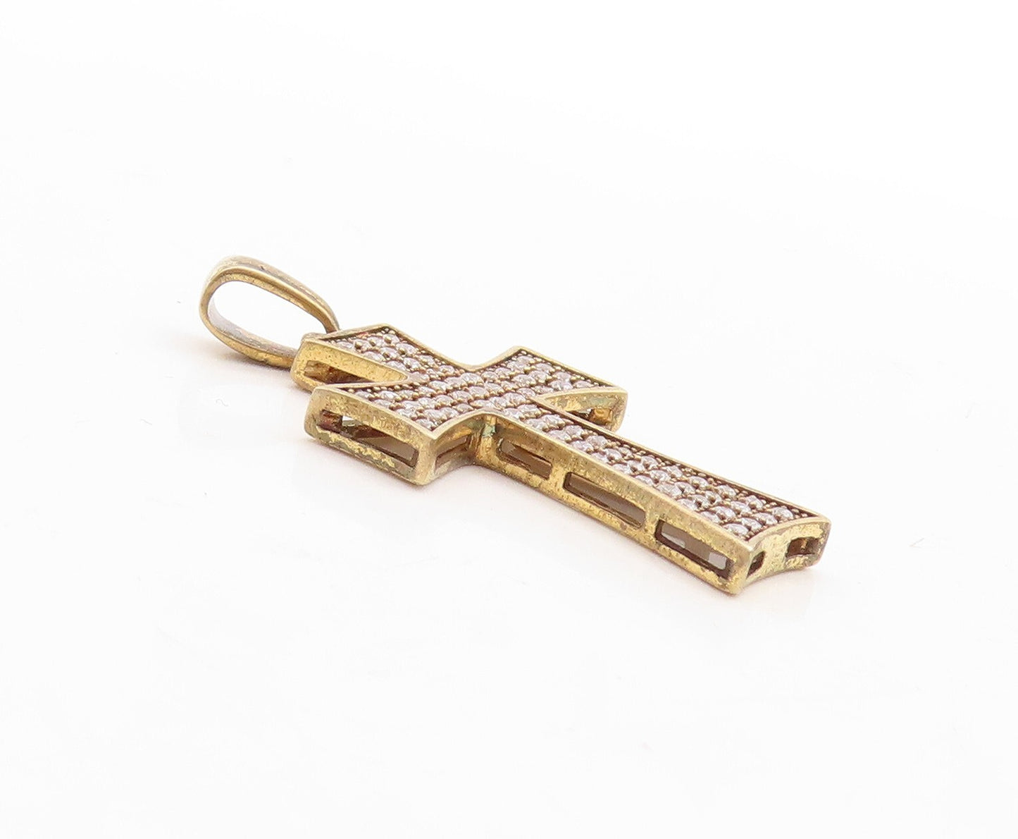 925 Sterling Silver Vintage Pendant Gold Plated CZ Inlay Cutout Cross  PT23696