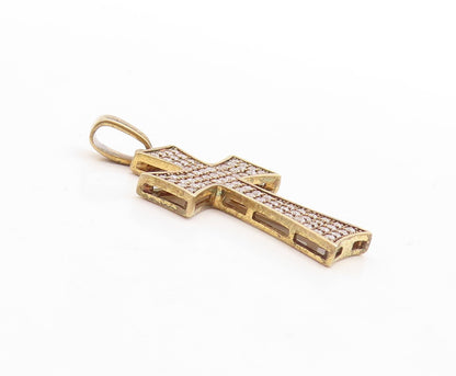 925 Sterling Silver Vintage Pendant Gold Plated CZ Inlay Cutout Cross  PT23696