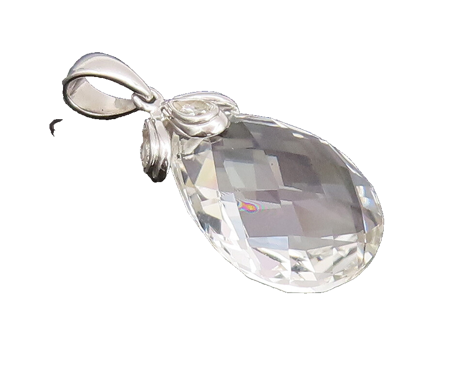 925 Sterling Silver Vintage Pendant Minimalist Large Drop Cut Quartz  PT22644