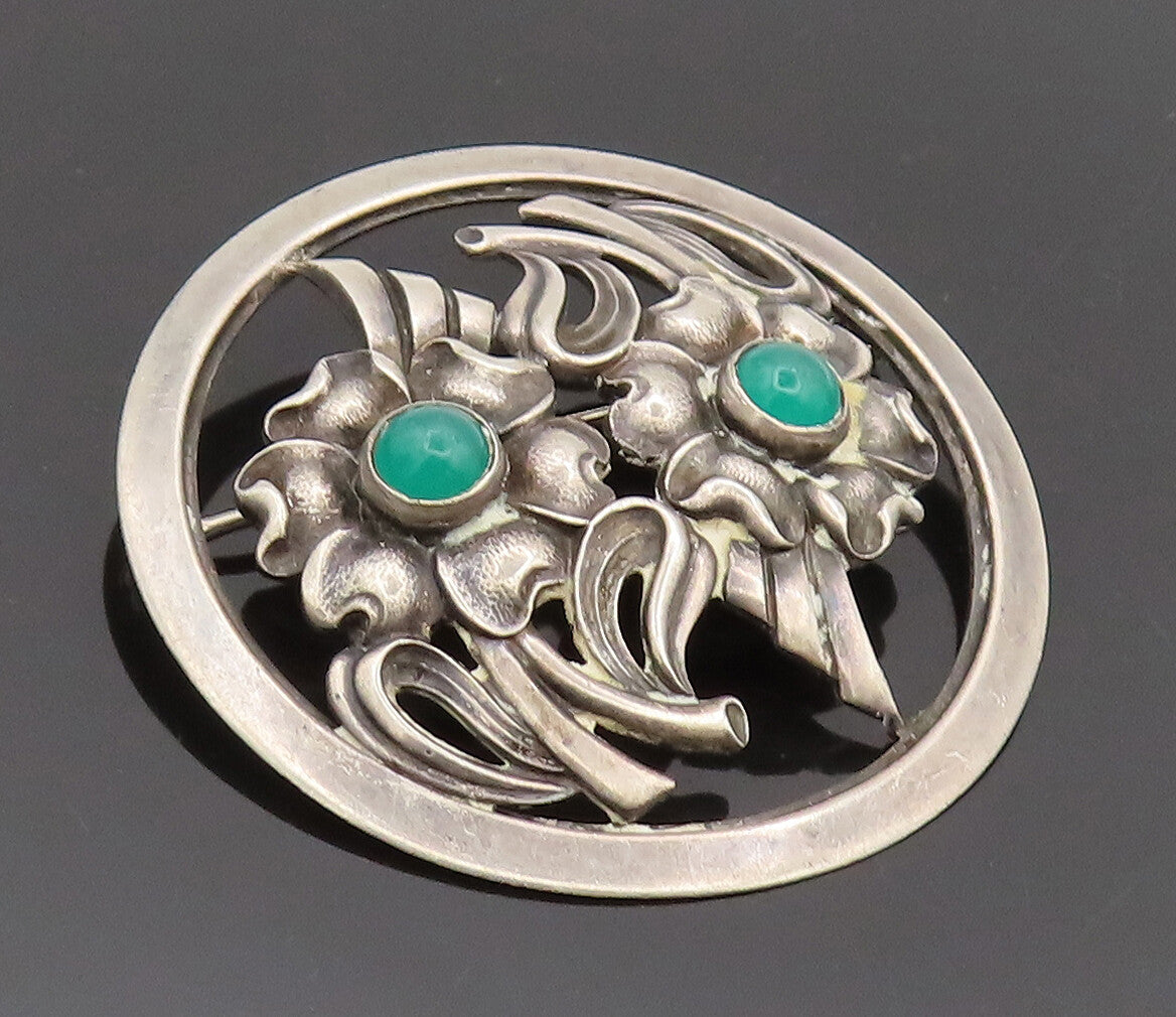 925 Sterling Silver Vintage Chrysoprase Flower Round Frame Brooch Pin BP10322