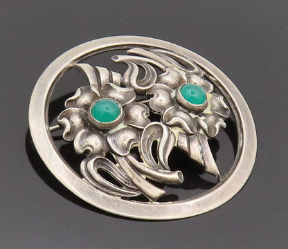 925 Sterling Silver Vintage Chrysoprase Flower Round Frame Brooch Pin BP10322