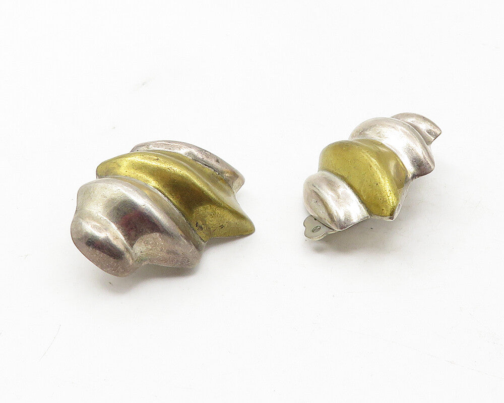 MEXICO 925 Sterling Silver  Vintage 2 Tone Hollow Non Pierce Earrings  EG6308