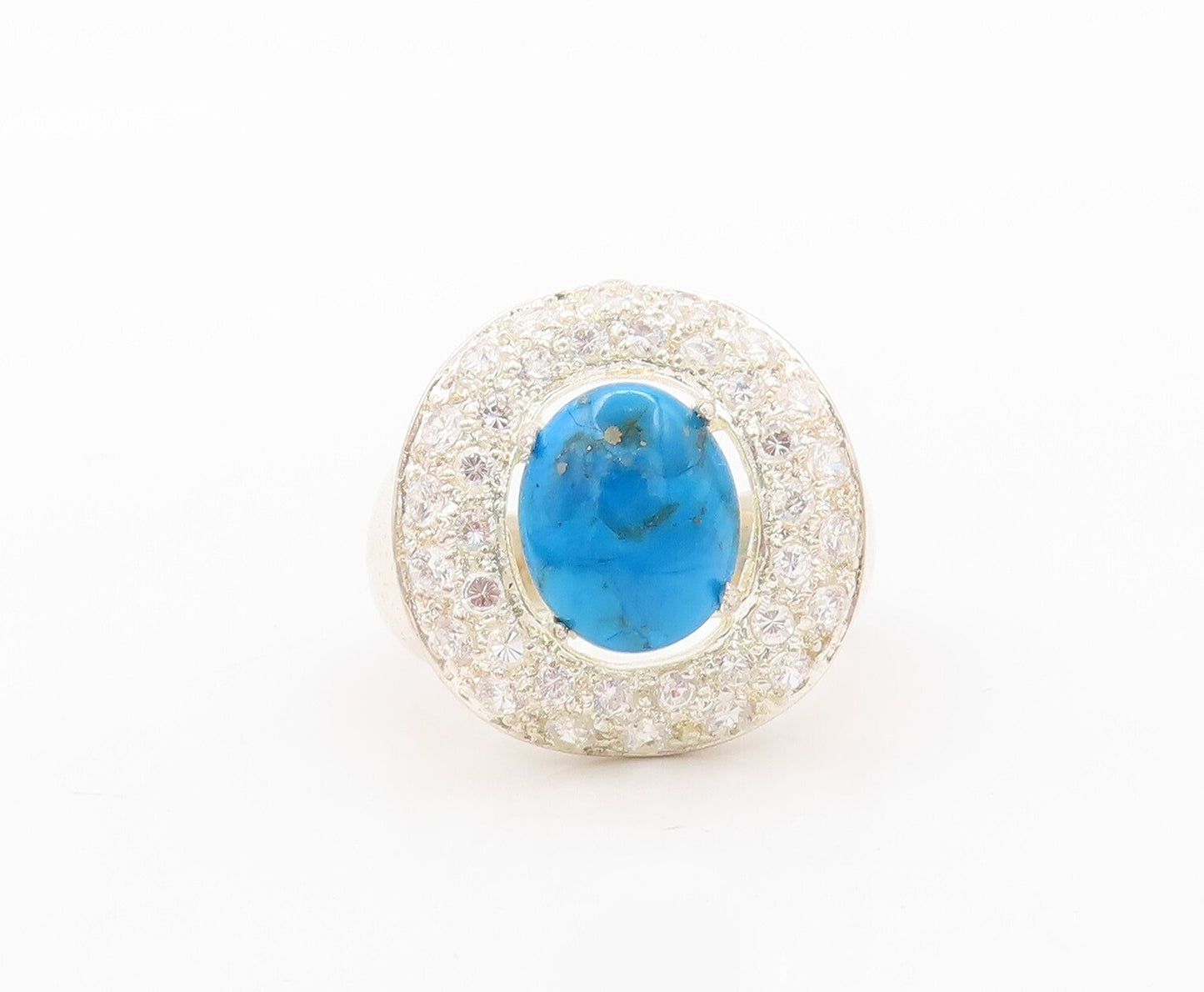 925 Sterling Silver Vintage Ring Cabochon Turquoise Halo Topaz  Sz 8  RG31020
