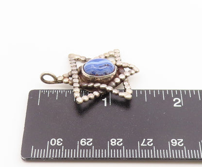 925 Sterling Silver Vintage Pendant Classic Blue Agate Star Of David  PT26655