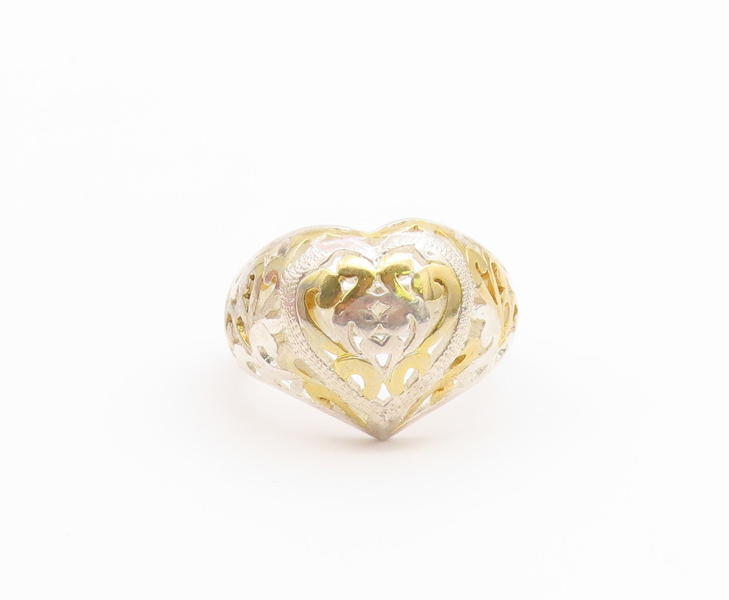 925 Sterling Silver Vintage Ring Two Tone Love Heart Scroll Band  Sz 7  RG36710