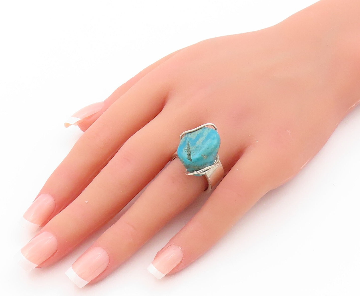 925 Sterling Silver Vintage Ring Designer Amorphas Shape Turquoise SZ 8  RG31947
