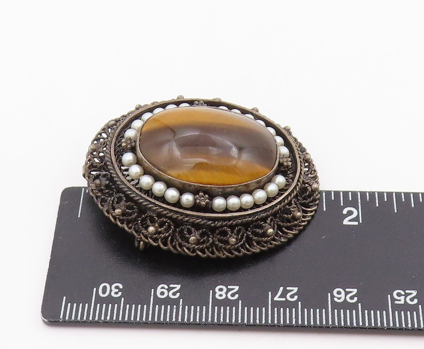 925 Sterling Silver Vintage Brooch Cabochon Tiger's Eye & Pearl Pin  BP12091