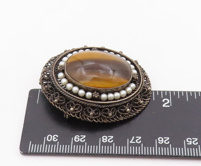 925 Sterling Silver Vintage Brooch Cabochon Tiger's Eye & Pearl Pin  BP12091