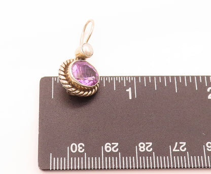 925 Sterling Silver  Vintage Amethyst Halo Roped Pearl Drop Earrings  EG12488
