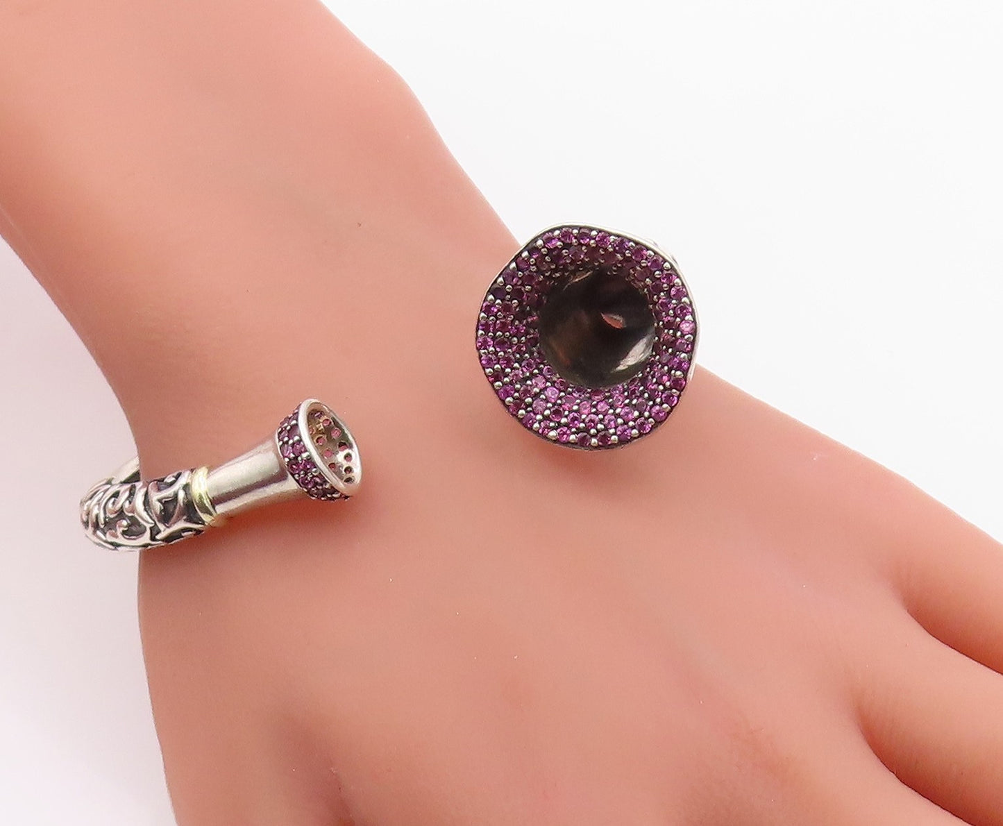 925 Sterling Silver Vintage Bracelet Real Ruby Scrollwork Open Cuff  BT12101