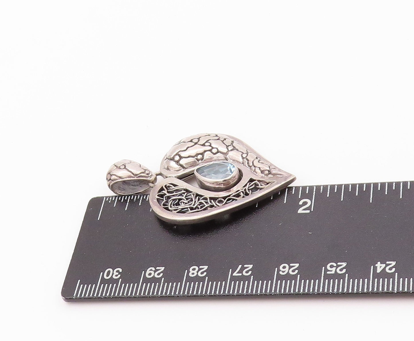 925 Sterling Silver Vintage Pendant Drop Cut Blue Topaz Carved Heart  PT24009