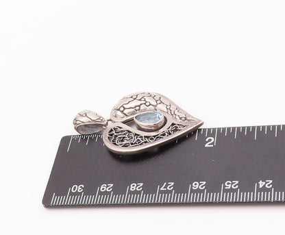 925 Sterling Silver Vintage Pendant Drop Cut Blue Topaz Carved Heart  PT24009
