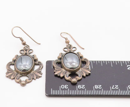 925 Sterling Silver Vintage Earrings Classic Hematite Scrollwork Dangle  EG14384