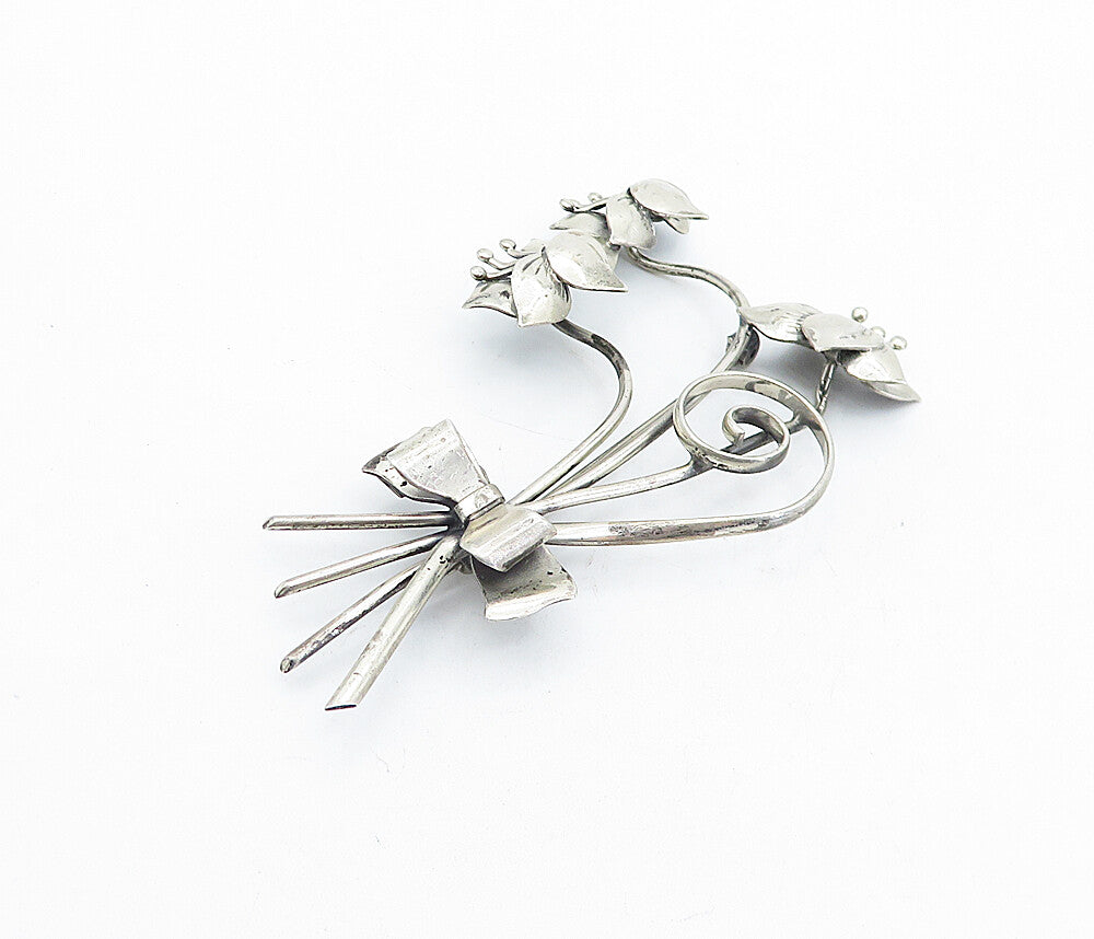 LANG 925 Sterling Silver  Vintage Spiral Bow Flower Bunch Brooch Pin  BP1850