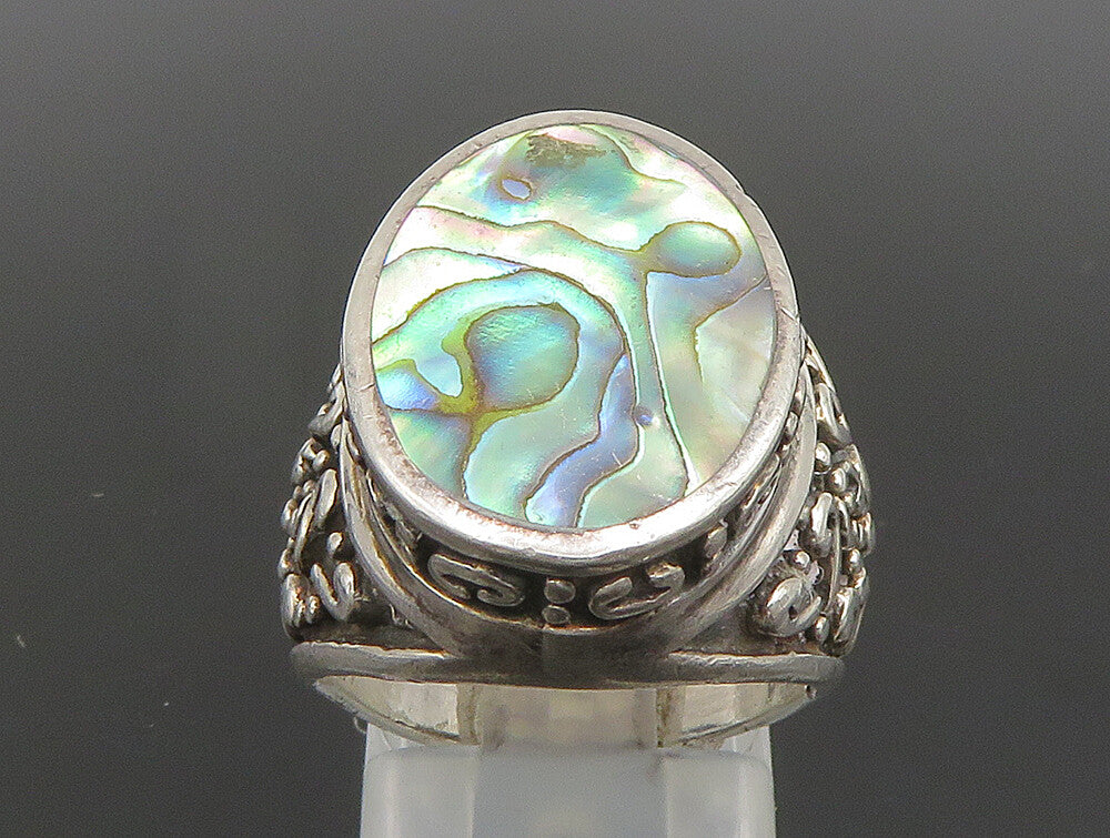 925 Sterling Silver  Vintage Inlay Abalone Scrolled Detail Ring Sz 6  RG24433
