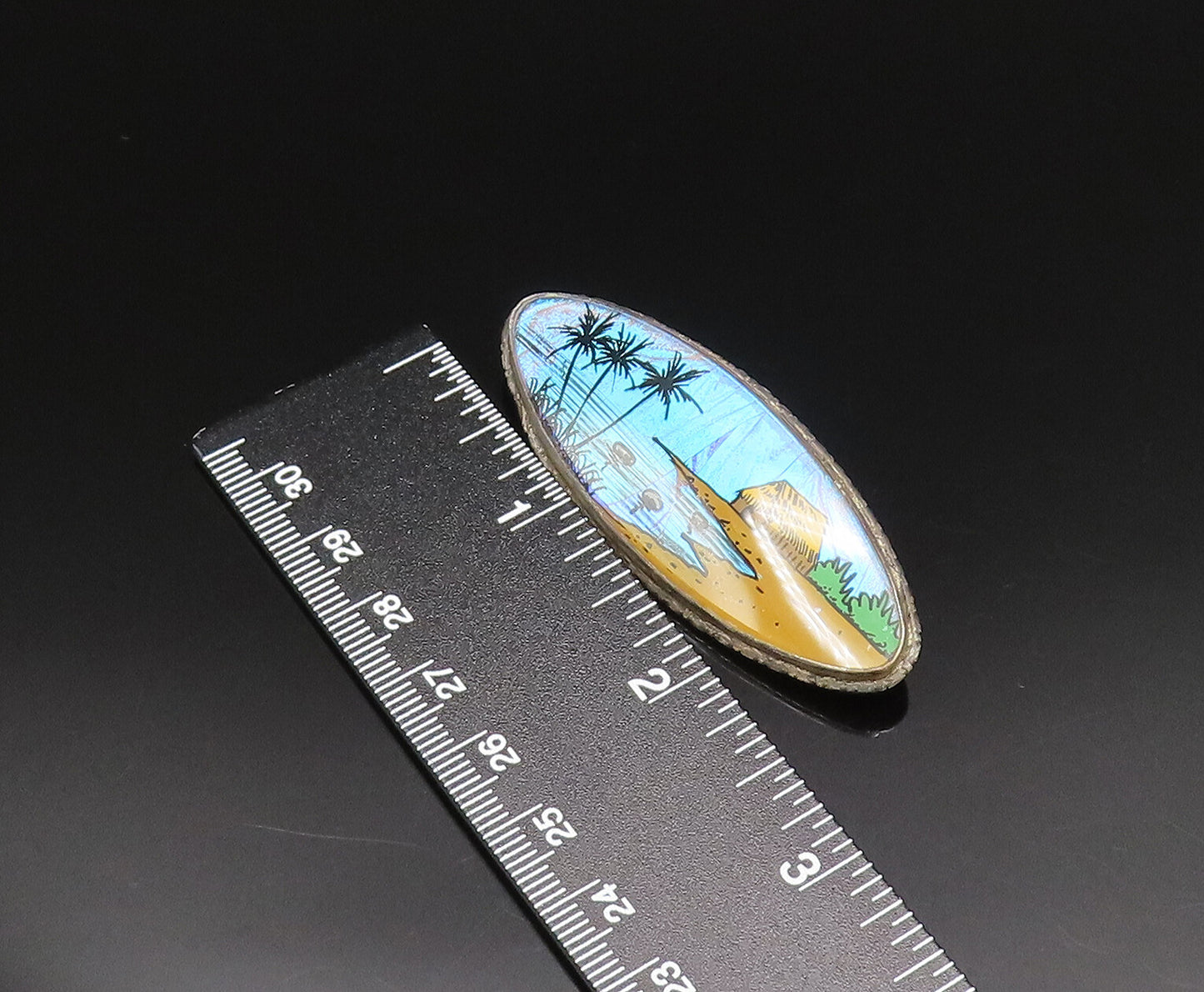 BRAZIL 925 Sterling Silver  Vintage Beach Scenery Art Glass Brooch Pin  BP9804