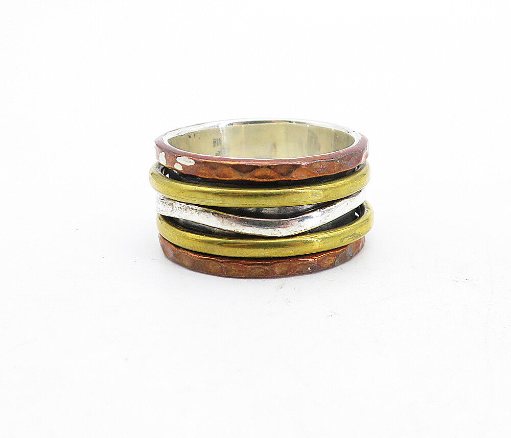 925 Sterling Silver  Vintage Three Tone Hammered Spinner Ring Sz 8.5  RG5552