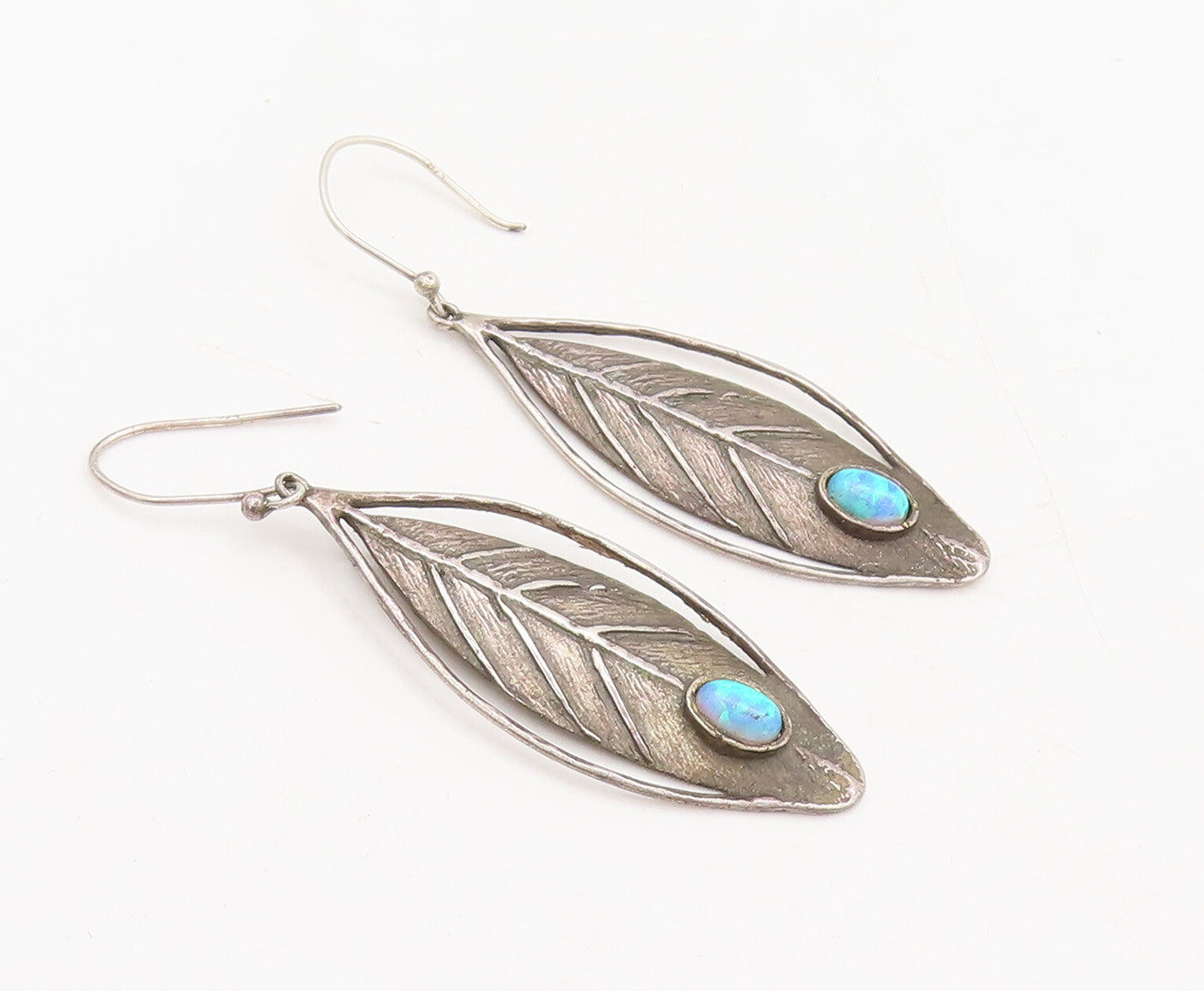 ISRAEL 925 Silver  Vintage Modernist Carved Leaf  Fire Opal Earrings  EG12595