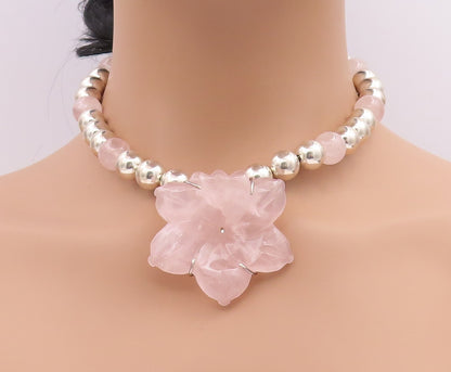 925 Sterling Silver Vintage Necklace Designer Gemstone Carved Flower  NE4464
