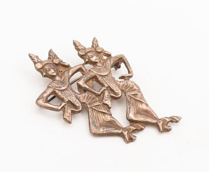 925 Sterling Silver Vintage Brooch Pin Carved Triable Dancing Girls  BP10614