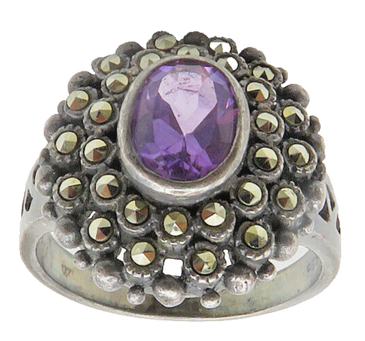925 Silver  Vintage Victorian Amethyst & Marcasite Cocktail Ring Sz 8  RG19158