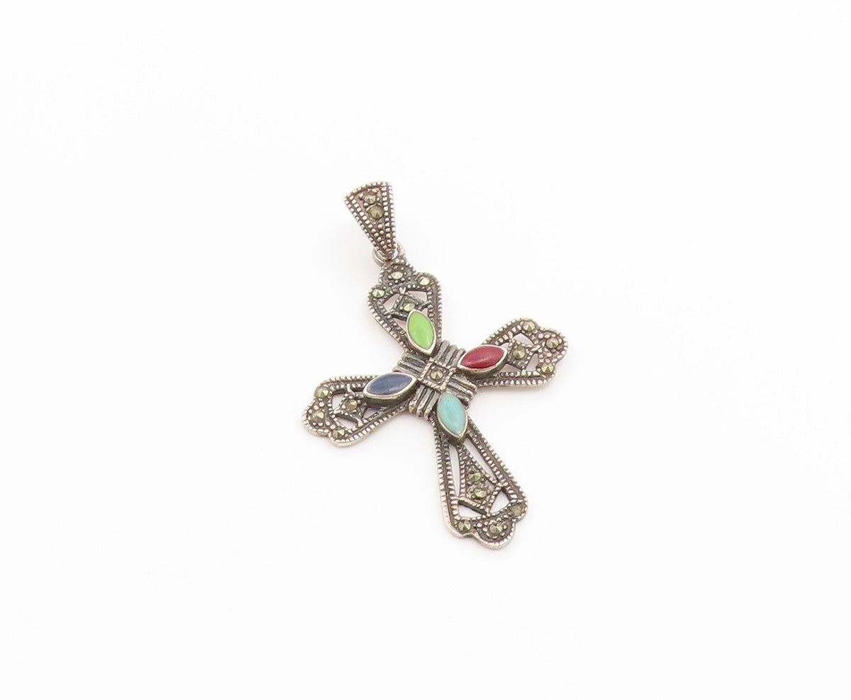 925 Sterling Silver Vintage Pendant Multi Gemstone Religious Cross Charm PT26562