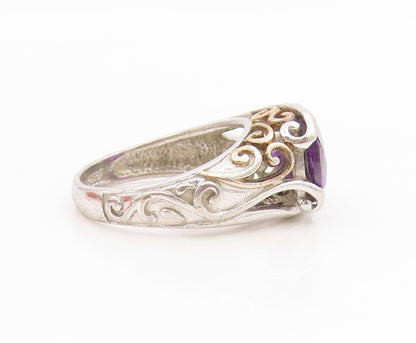 925 Sterling Silver Vintage Ring Faceted Amethyst Openwork Band  Sz 8  RG34884