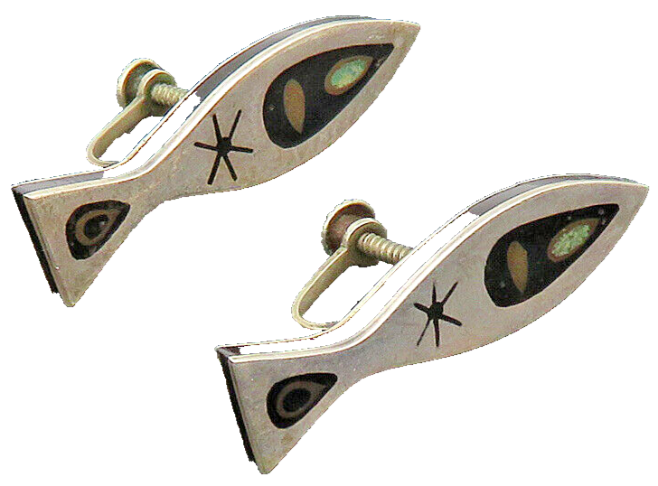 HAB MEXICO 925 Silver   Vintage Turquoise Fish Non Pierce Earrings  EG11569