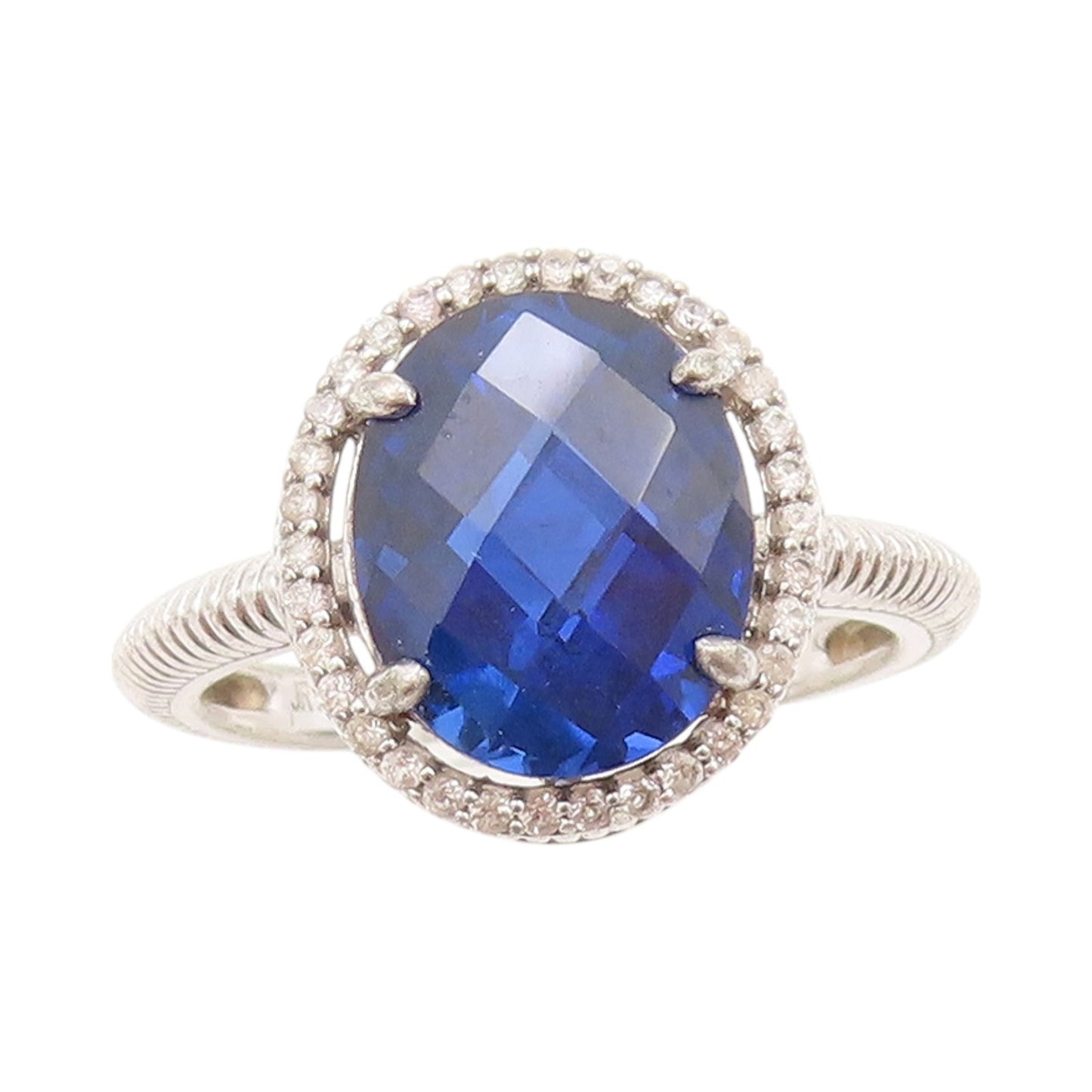 925 Sterling Silver Vintage Ring Designer Sapphire Halo CZ  Sz 7  RG32891