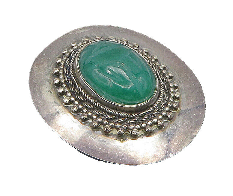 925 Sterling Silver  Vintage Etched Green Carnelian Beaded Brooch Pin  BP9499