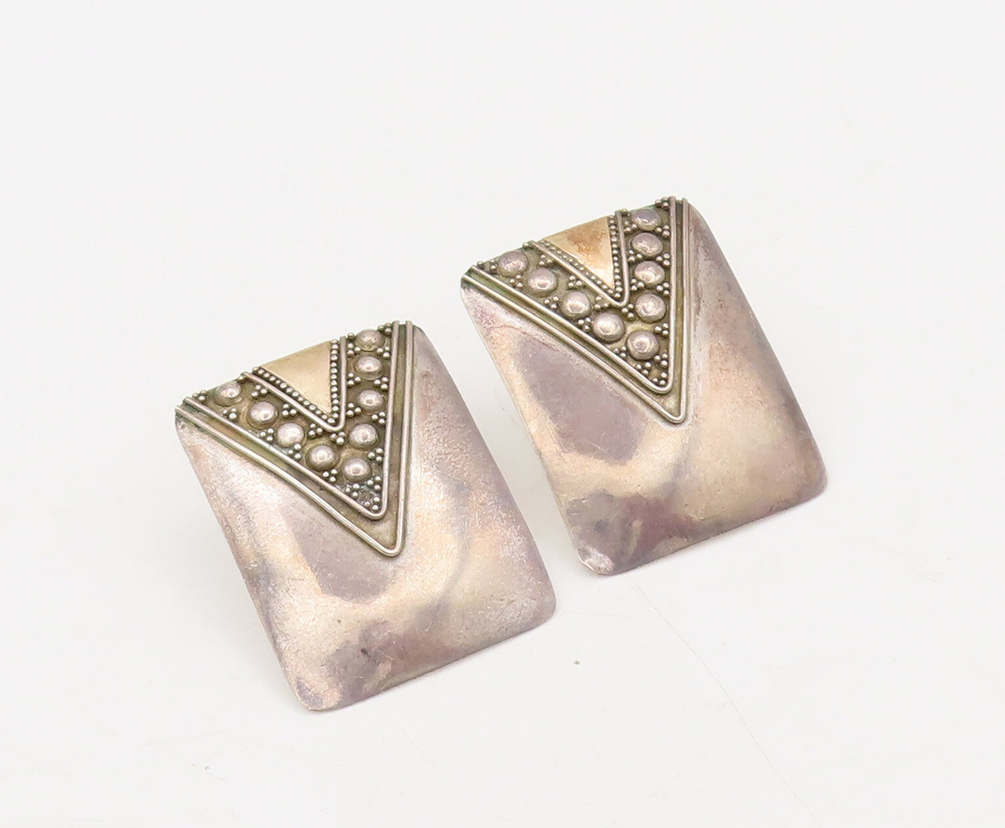 14k GOLD 925 Silver  Vintage Beaded Carved V Collar Neck Earrings  EG12683