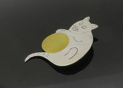 MEXICO 925 Sterling Silver  Vintage Two Tone Cat & Ball Brooch Pin  BP8365