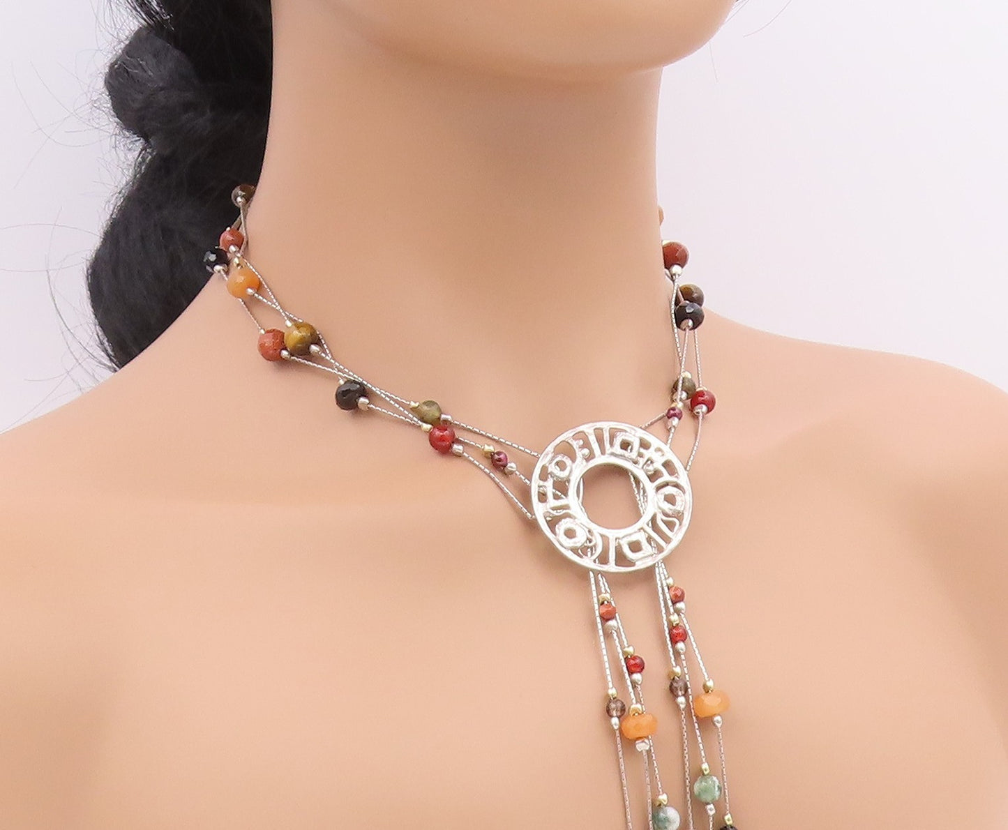 NETA 925 Sterling Silver Vintage Tiger's Eye & Multi Stone Chain Necklace NE3641