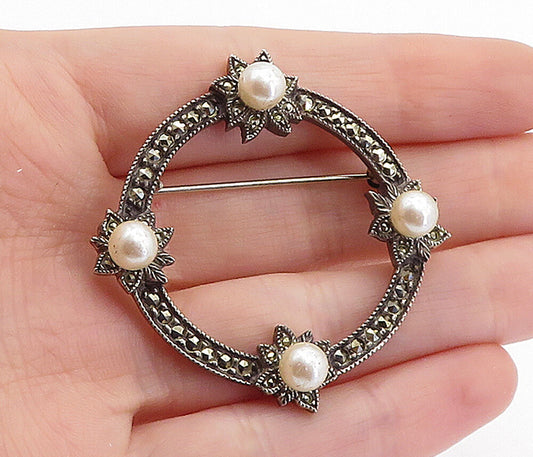 JUDITH JACK 925 Silver  Vintage Pearls & Marcasite Wreath Brooch Pin  BP2426