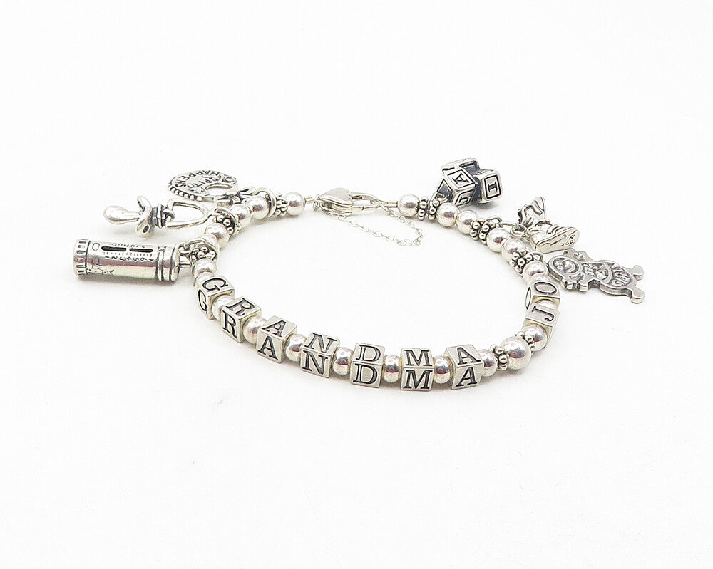 925 Sterling Silver  Vintage Grandma Beaded Name Charm Chain Bracelet  BT4592