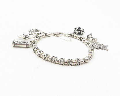 925 Sterling Silver  Vintage Grandma Beaded Name Charm Chain Bracelet  BT4592