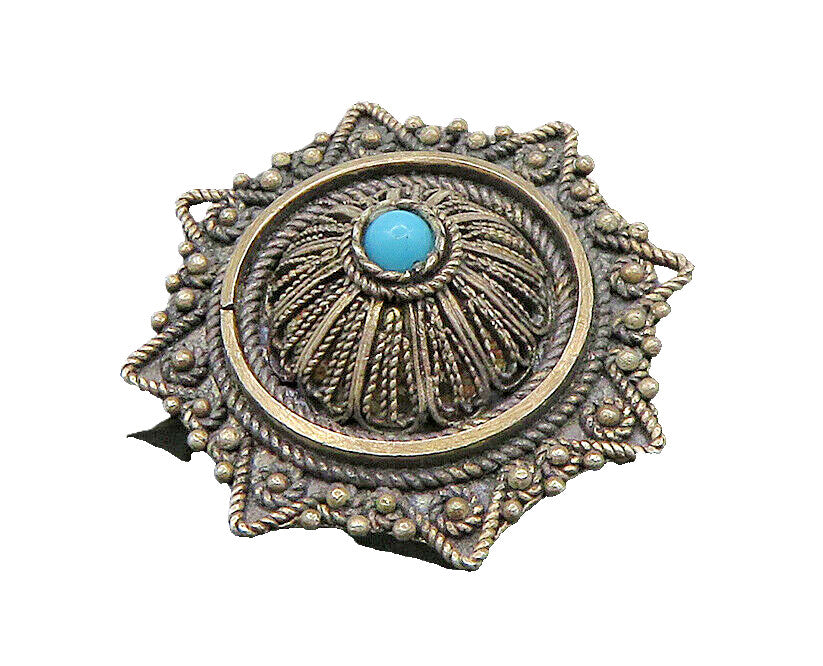 ISRAEL 925 Sterling Silver  Vintage Antique Turquoise Dome Brooch Pin  BP8322