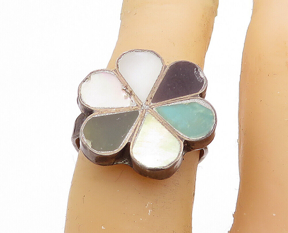 925 Silver  Vintage Antique Mother Of Pearl & MultiStone Ring Sz 6  RG6626