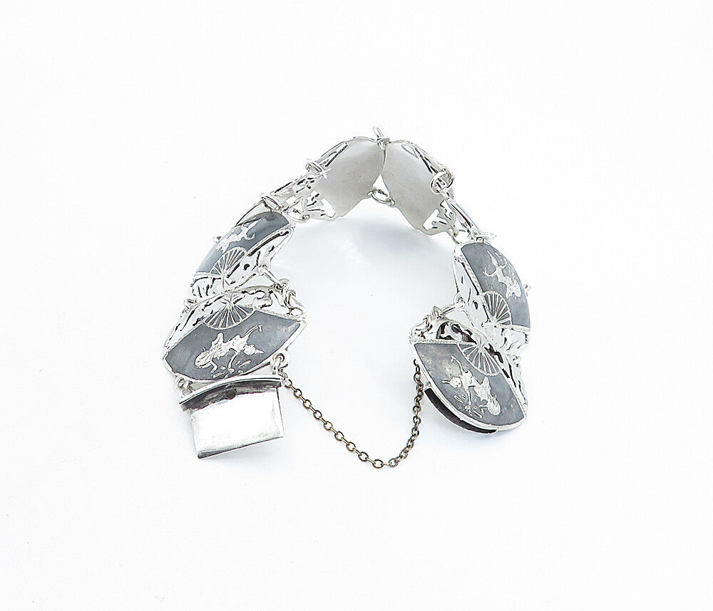 SIAM 925 Sterling Silver  Vintage Niello Dancer Hand Fan Chain Bracelet BT2181