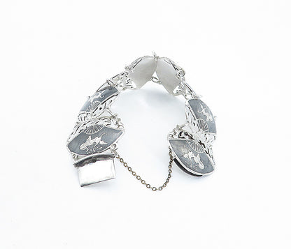 SIAM 925 Sterling Silver  Vintage Niello Dancer Hand Fan Chain Bracelet BT2181