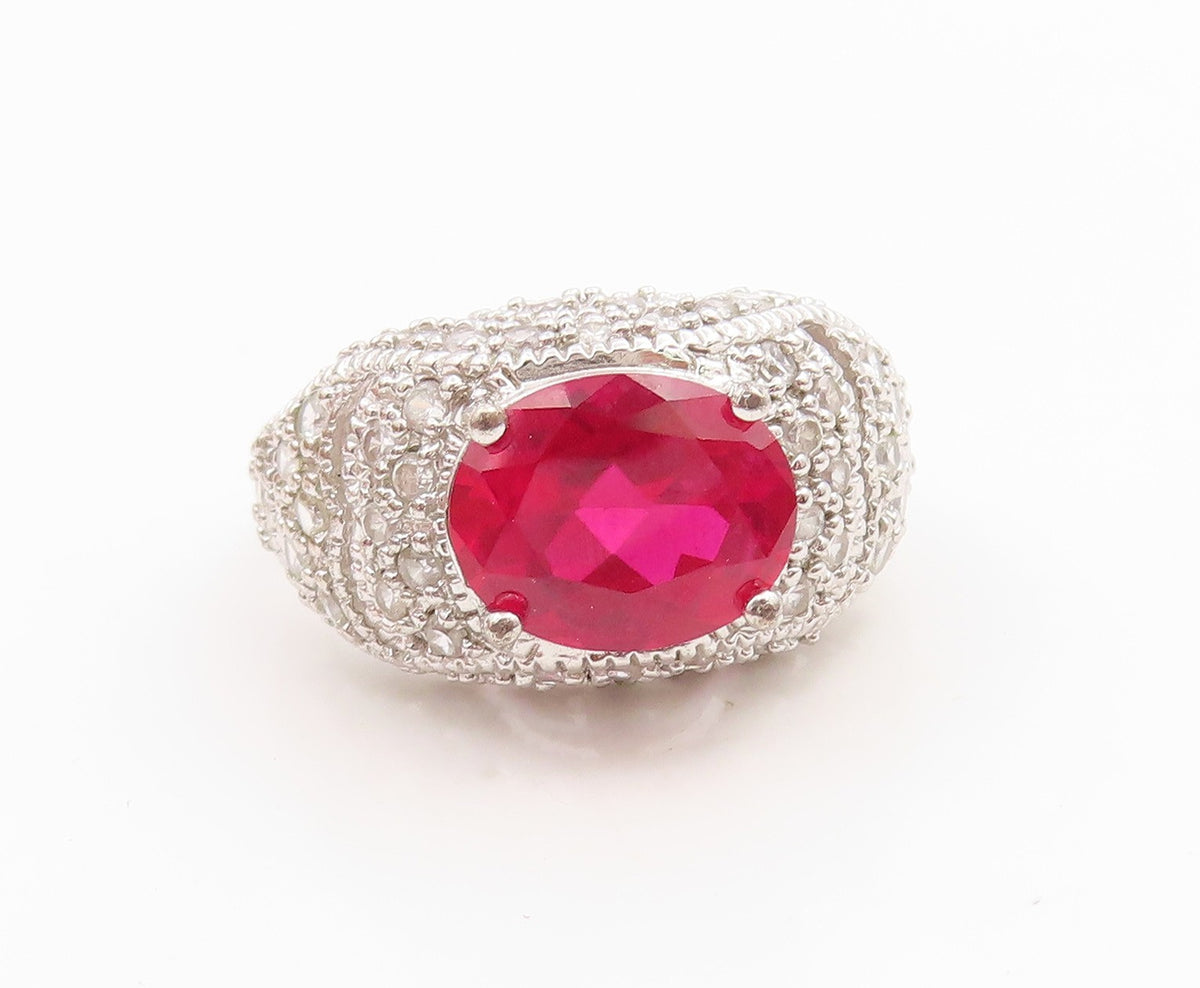 925 Sterling Silver Vintage Ring Oval Ruby & Topaz Statement Band  Sz 7  RG35866