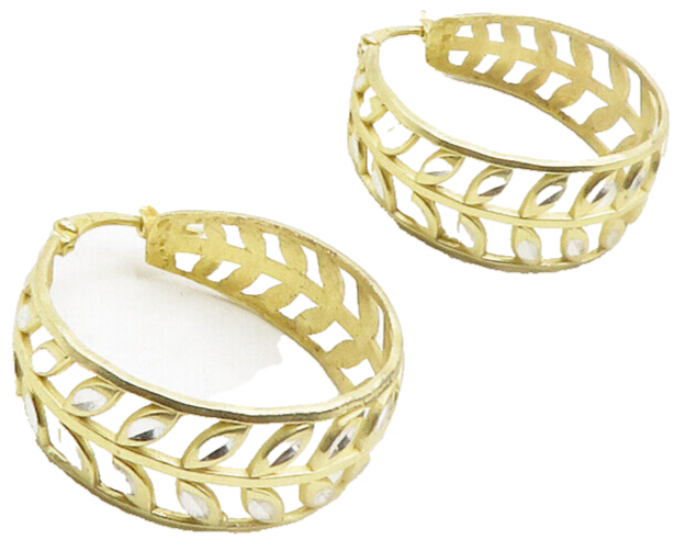 925 Sterling Silver  Shiny Two Tone Floral Leaf Vine Hoop Earrings  EG6493