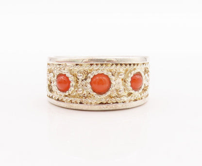 925 Sterling Silver Vintage Ring Rope Carved Orange Gemstone  Sz 7.5  RG28621
