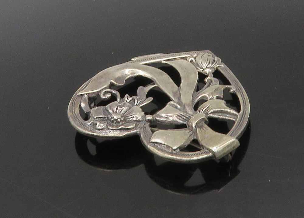 925 Sterling Silver  Vintage Bow Tied Ribbon Floral Heart Brooch Pin  BP8951