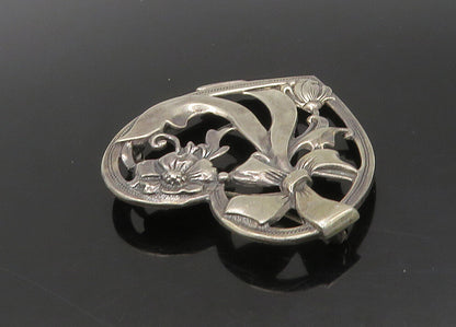 925 Sterling Silver  Vintage Bow Tied Ribbon Floral Heart Brooch Pin  BP8951