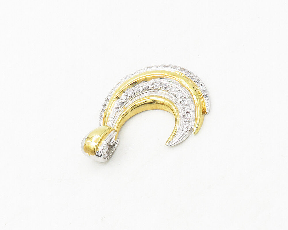 925 Sterling Silver  Cubic Zirconia Two Tone Crescent Moon Pendant  PT14159