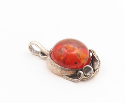 925 Sterling Silver Vintage Pendant Round Cabochon Amber Leaf Motif  PT26242